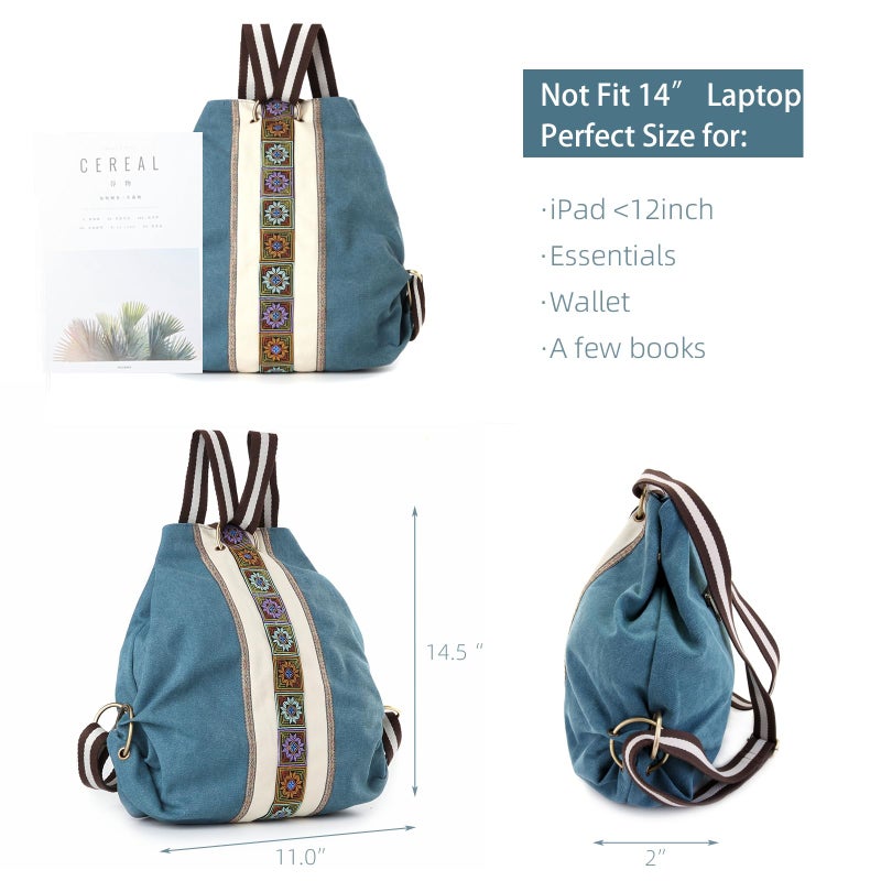Goodhan Women Canvas Backpack Daypack Casual Shoulder Bag, Vintage Heavy-duty Anti-theft Travel Backpack (Green Blue) - Image 4